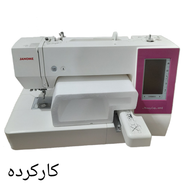 چرخ گلدوزی ژانومه مدل 450 نوار صورتی - کارکرده با حدود ٩٢٩ ساعت کارکرد و کیفیت عالی