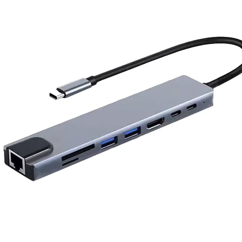 هاب + تبدیل 8IN1 Type-C TO Lan+Type-C+HDMI+USB3.0+SD+TF پک سفید آبی