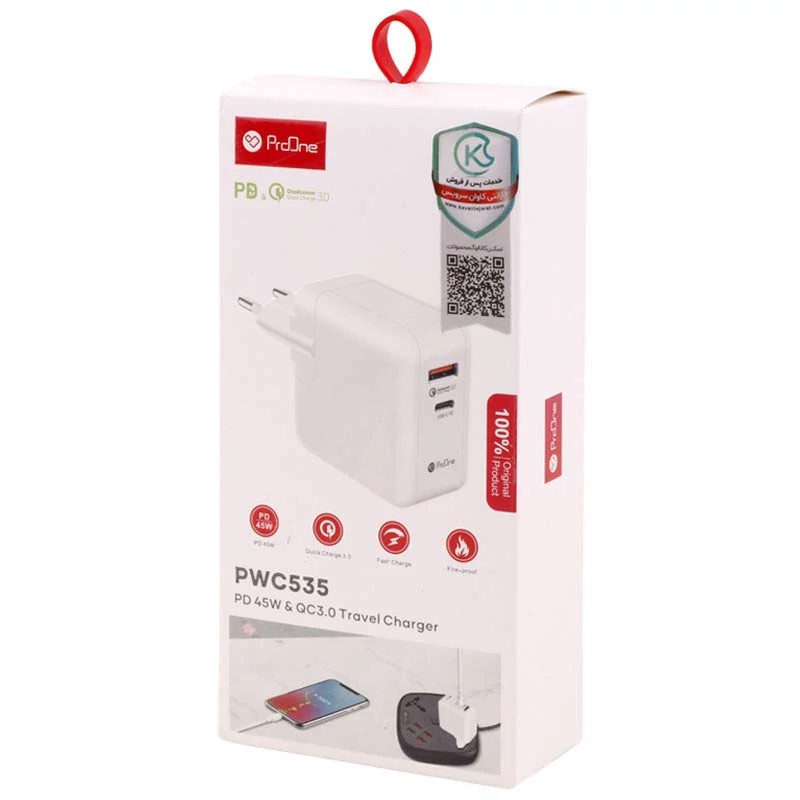 کلگی شارژ 45 وات 2 پورت PD+QC3.0 فست شارژ پرووان ProOne PWC535