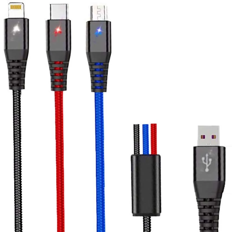 کابل شارژ فست LED دار سه سر Micro+Type-C+Lightning کانفلون Konfulon DC08