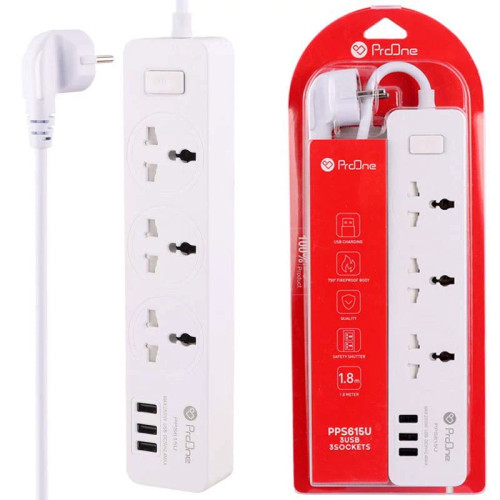 چند راهی 3 خانه برق ارت دار 1.8 متری +3 پورت USB پرووان Proone PPS615U