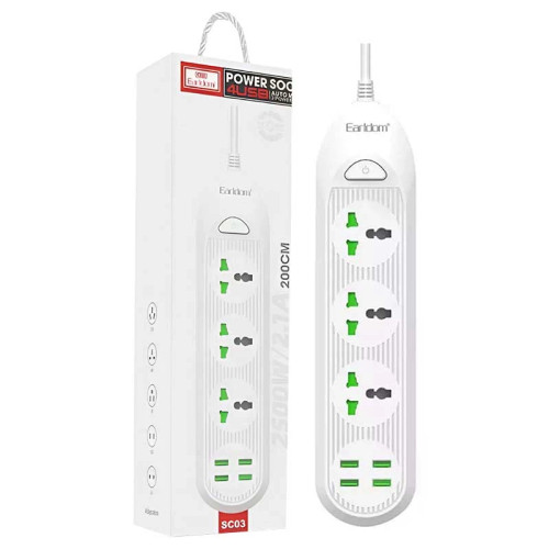 چند راهی 3 خانه برق ارت دار 2 متری + 4 پورت USB ارلدام SC03