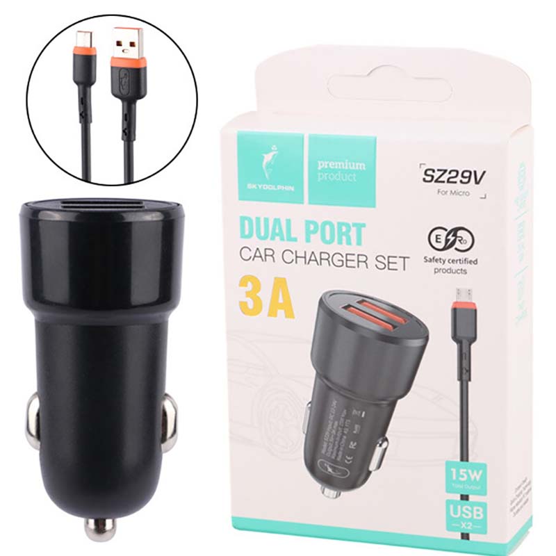 شارژر فندکی 15 وات 2 پورت + کابل میکرو اسکای دلفین Sky Dolphin SZ29V