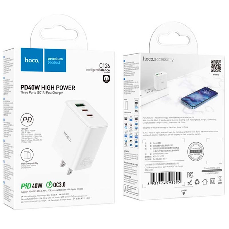 کلگی شارژر 40 وات 3 پورت 2PD+USB هوکو HOCO C126