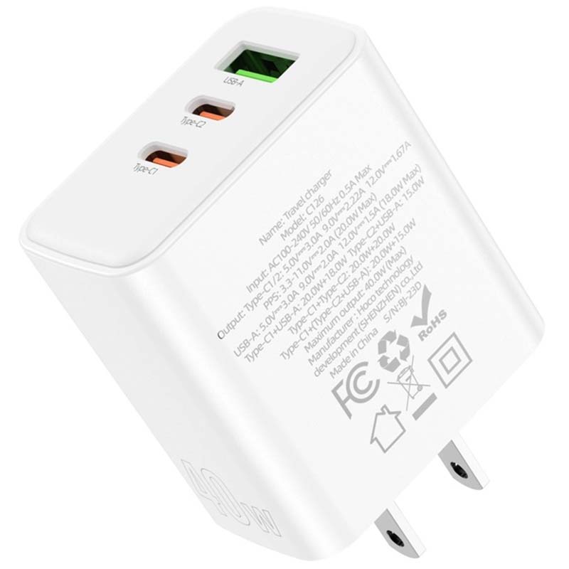کلگی شارژر 40 وات 3 پورت 2PD+USB هوکو HOCO C126
