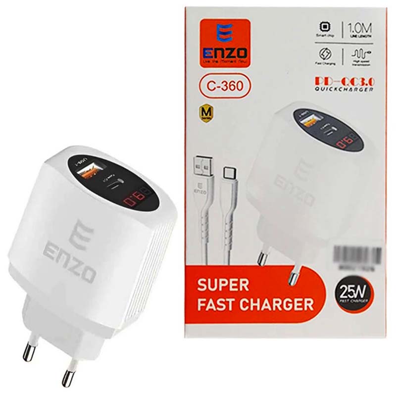 کلگی شارژر 25 وات دو پورت PD+QC3.0 + کابل تایپ سی Type-C انزو Enzo C-360