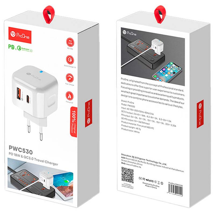کلگی شارژ 18 وات 2 پورت PD+QC3.0 فست شارژ پرووان ProOne PWC530