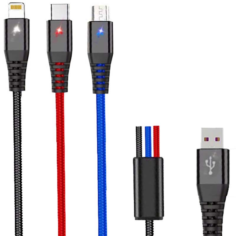 کابل شارژ فست LED دار سه سر Micro+Type-C+Lightning کانفلون Konfulon DC08