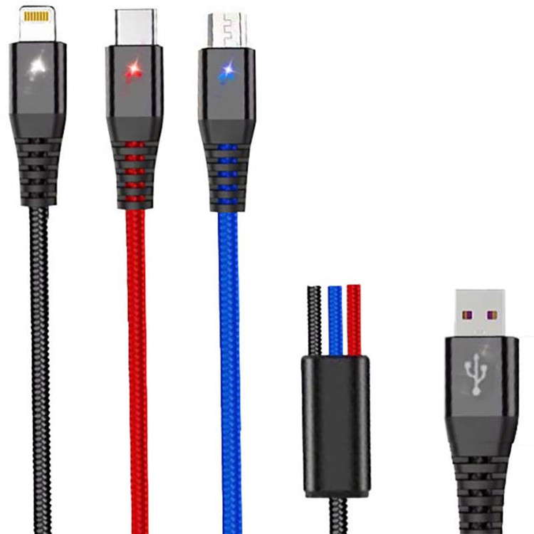 کابل شارژ فست LED دار سه سر Micro+Type-C+Lightning کانفلون Konfulon DC08