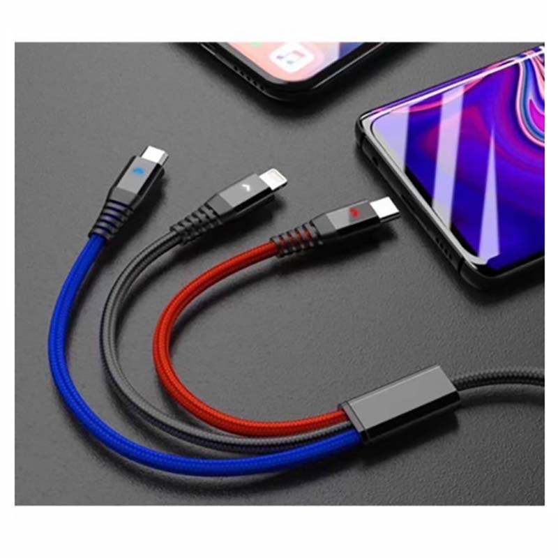 کابل شارژ فست LED دار سه سر Micro+Type-C+Lightning کانفلون Konfulon DC08