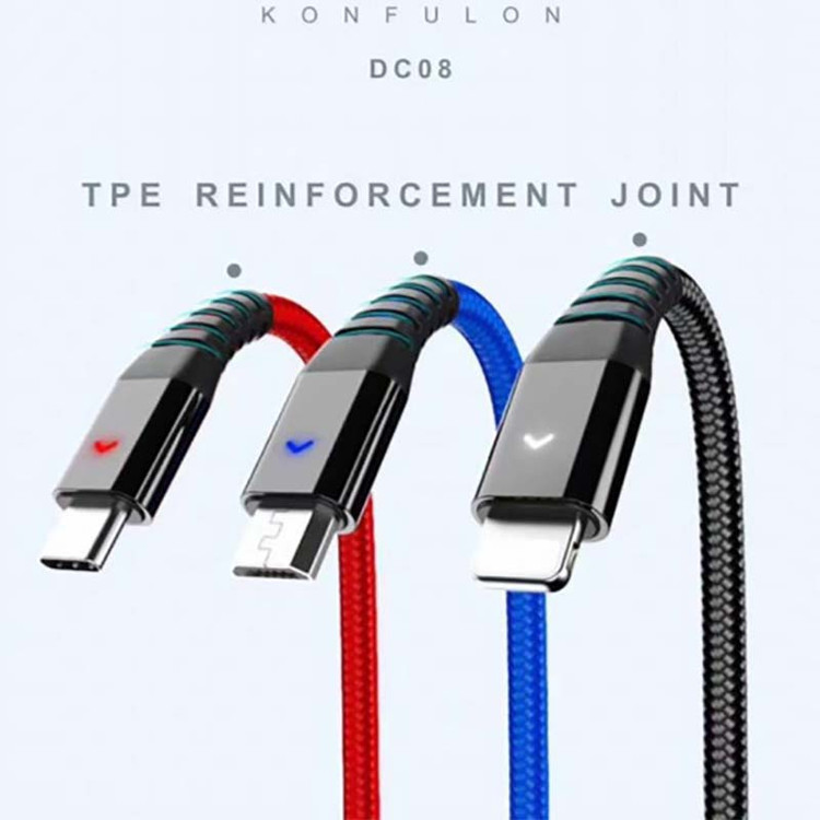 کابل شارژ فست LED دار سه سر Micro+Type-C+Lightning کانفلون Konfulon DC08