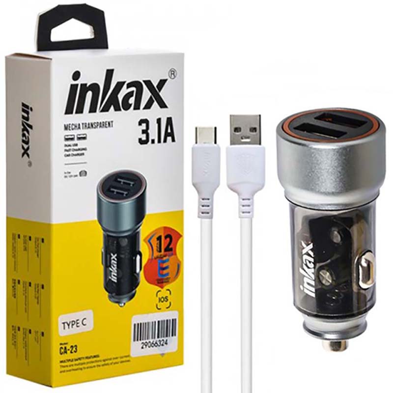 شارژر فندکی 15.5 وات 2 پورت شیشه‌‌ ای+ کابل تایپ سی اینکاکس INKAX CA-23