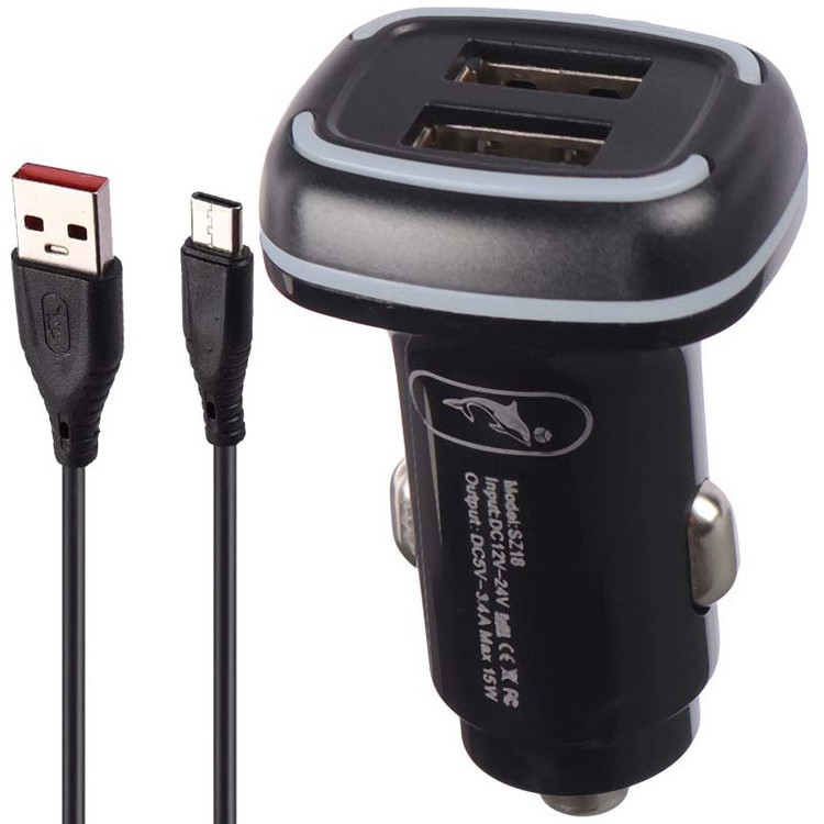 شارژر فندکی 15 وات 2 پورت + کابل تایپ سی Sky Dolphin SZ18T