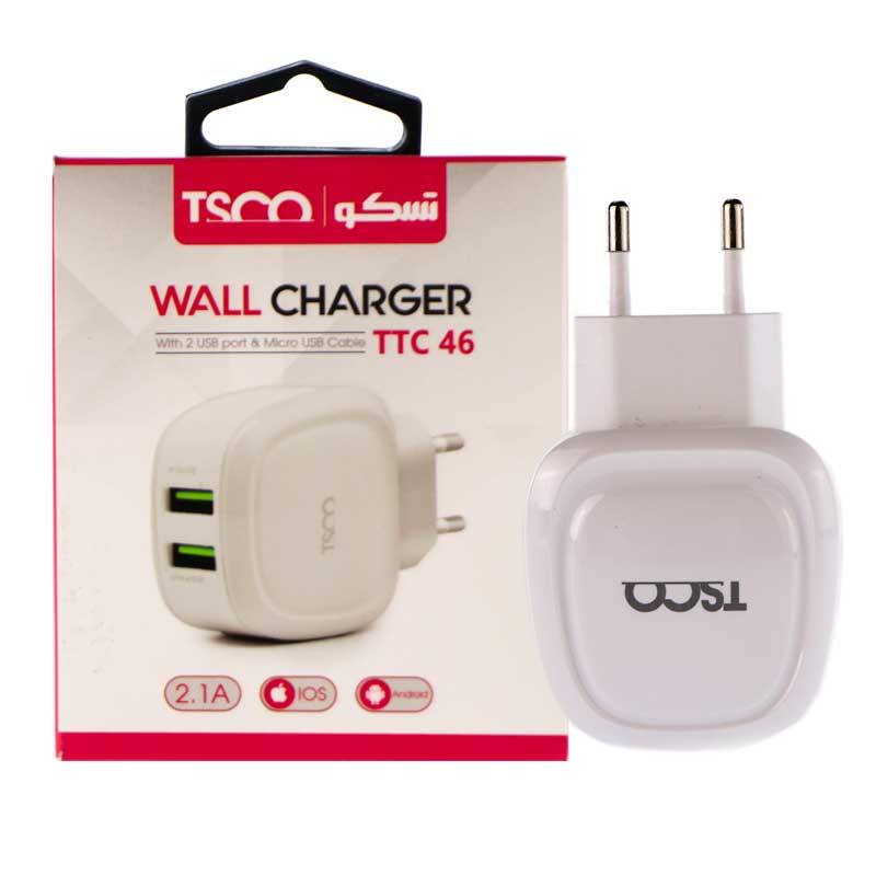 شارژر 2پورت + کابل شارژ MicroUSB تسکو TSCO TTC 46