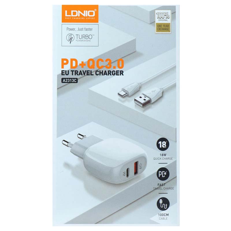 شارژر 18 وات + کابل Type-C فست شارژ الدینیو LDNIO A2313C