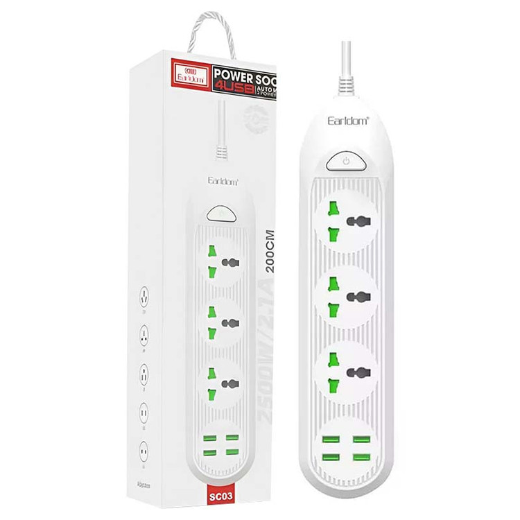 چند راهی 3 خانه برق ارت دار 2 متری + 4 پورت USB ارلدام SC03
