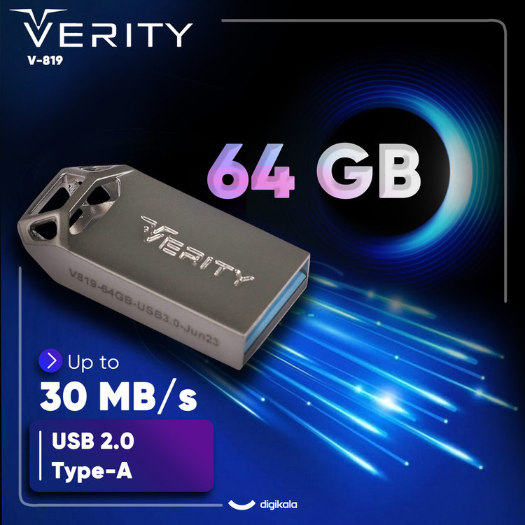 فلش مموری وریتی مدل V-819 ظرفیت 64 گیگابایت با بدنه فلزی، رابط USB 2.0 Type-A، سرعت انتقال 30 مگابایت بر ثانیه و سازگار با گوشی، کامپیوتر، لپتاپ، تلویزیون و تبلت