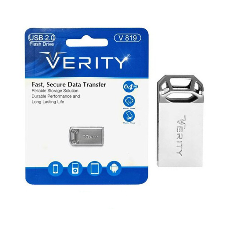 فلش مموری وریتی مدل V-819 ظرفیت 64 گیگابایت با بدنه فلزی، رابط USB 2.0 Type-A، سرعت انتقال 30 مگابایت بر ثانیه و سازگار با گوشی، کامپیوتر، لپتاپ، تلویزیون و تبلت