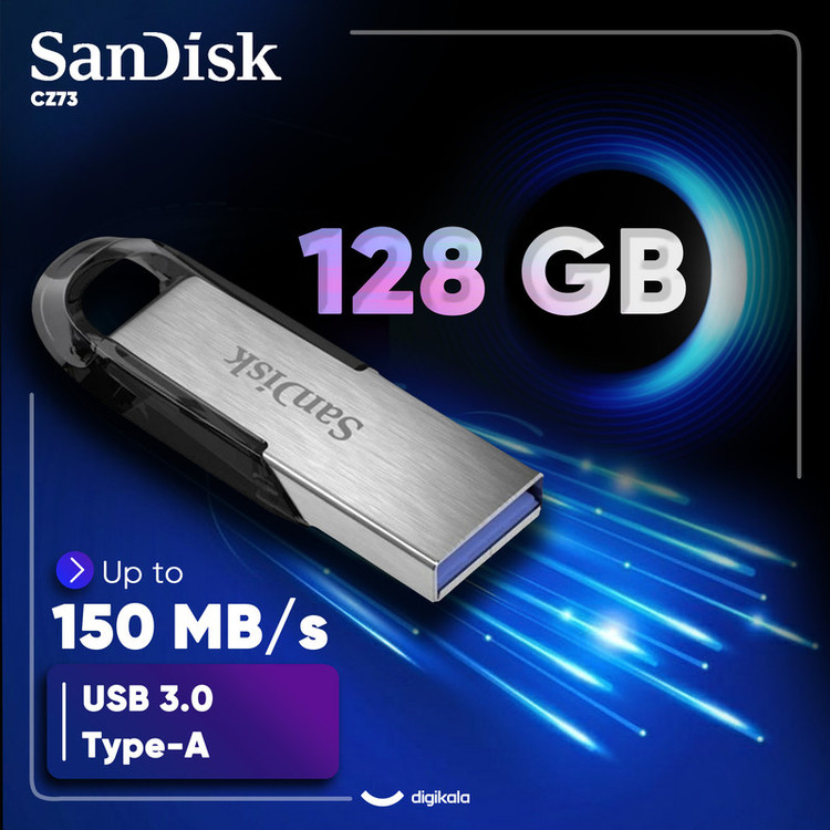فلش مموری سندیسک مدل CZ73 ظرفیت 128 گیگابایت با بدنه فلزی، رابط USB 3.0 و سرعت انتقال 150 مگابایت بر ثانیه، سازگار با کامپیوتر، لپتاپ، گوشی و تلویزیون