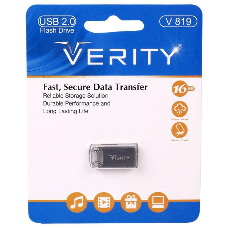 فلش مموری وریتی مدل V-819 ظرفیت 16 گیگابایت بند انگشتی با بدنه فلزی، رابط USB 2.0 و سرعت انتقال 30 مگابایت بر ثانیه، سازگار با کامپیوتر، لپتاپ، موبایل، تبلت و تلویزیون