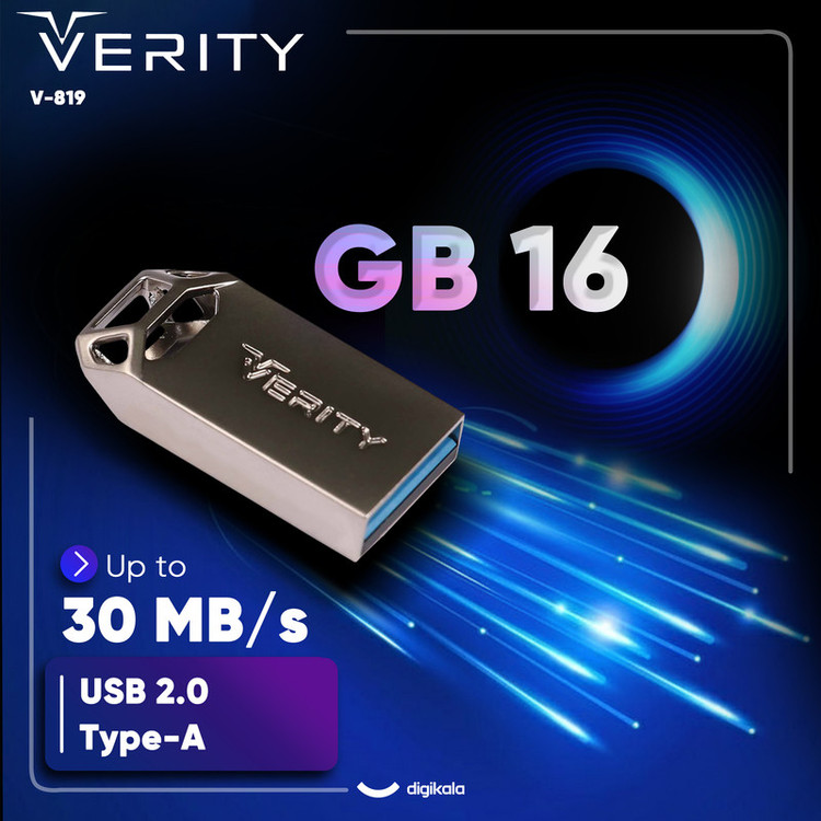 فلش مموری وریتی مدل V-819 ظرفیت 16 گیگابایت بند انگشتی با بدنه فلزی، رابط USB 2.0 و سرعت انتقال 30 مگابایت بر ثانیه، سازگار با کامپیوتر، لپتاپ، موبایل، تبلت و تلویزیون