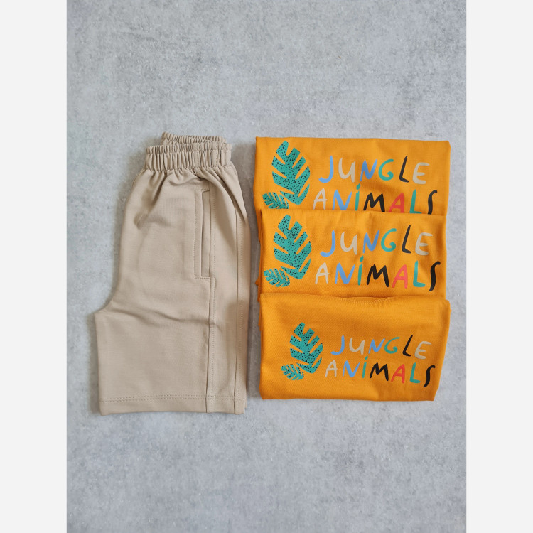 ست تیشرت شلوارک بچگانه طرح جنگل نارنجی پنبه دورس سایز 1 تا 7 سال