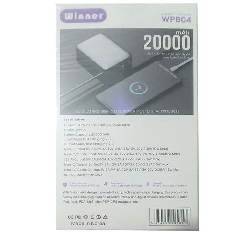پاوربانک 20000 میلی آمپر سوپر فست شارژ 45W وینر Winner WPB04