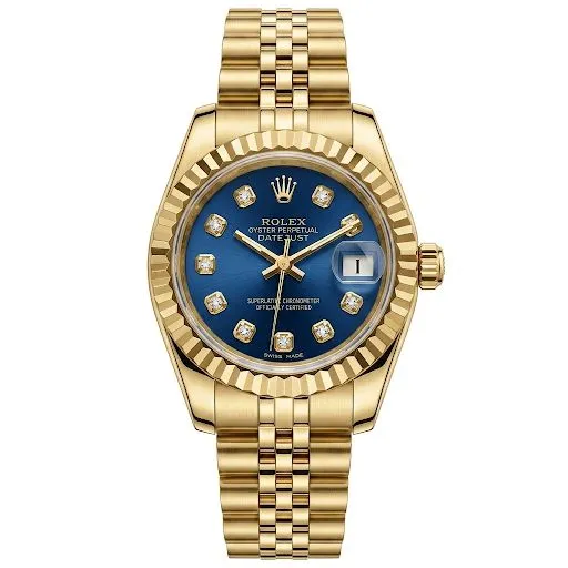 ساعت مچی زنانه رولکس دیت جاست طلایی صفحه سرمه ای نگین دار موتور ژاپن