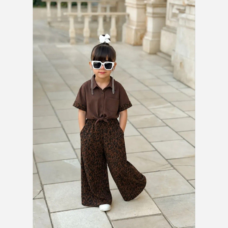 ست شومیز شلوار دخترانه پلنگی جنس لنین و کتان لایس سایز 50 تا 65