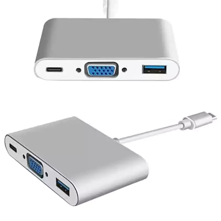 تبدیل Type-C TO VGA + Type-C + USB3.0 نقره ای