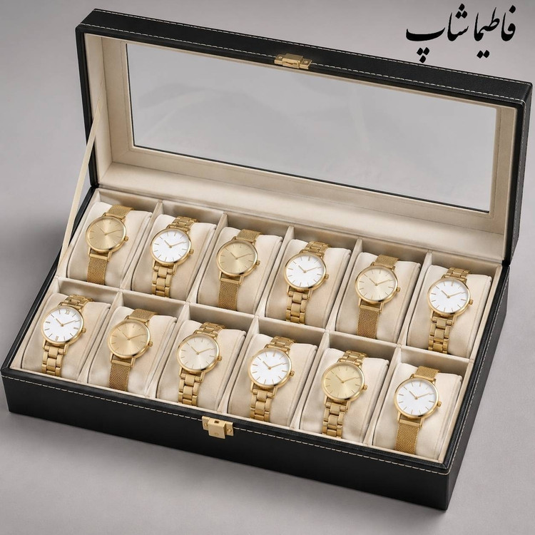باکس ساعت جعبه 12 عددی چرمی مردانه با درب شیشهای