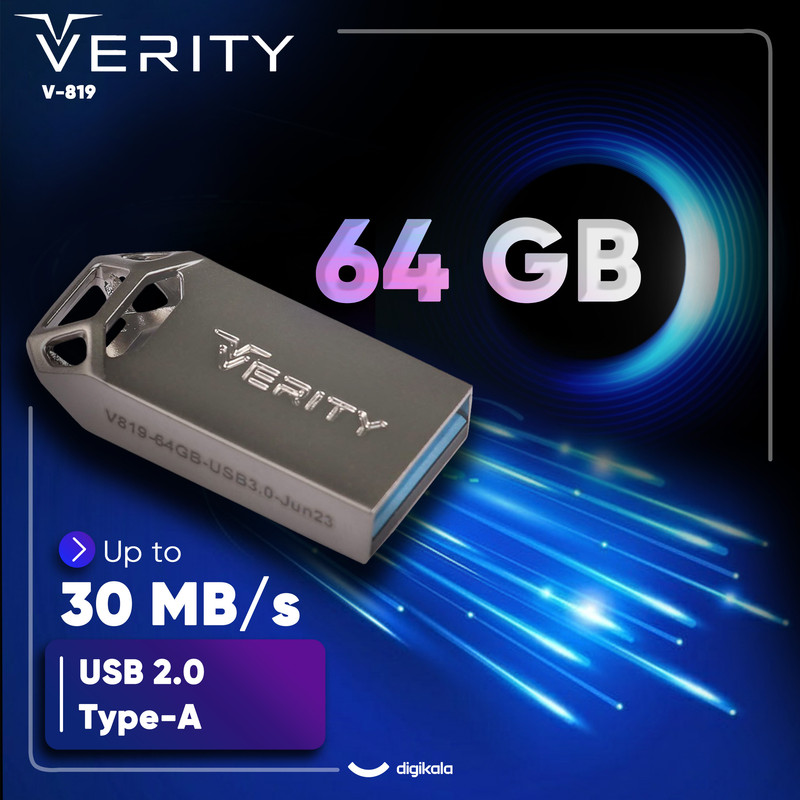 فلش مموری وریتی مدل V-819 ظرفیت 64 گیگابایت با بدنه فلزی، رابط USB 2.0 Type-A، سرعت انتقال 30 مگابایت بر ثانیه و سازگار با گوشی، کامپیوتر، لپتاپ، تلویزیون و تبلت