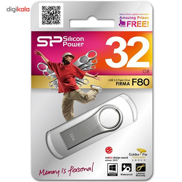فلش مموری 32 گیگابایت سیلیکون پاور مدل Firma F80 با رابط USB 2.0، بدنه آلیاژ روی بدون درب و مقاوم در برابر شوک و لرزش