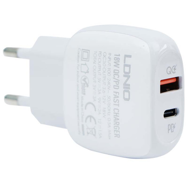 شارژر 18 وات + کابل Type-C فست شارژ الدینیو LDNIO A2313C