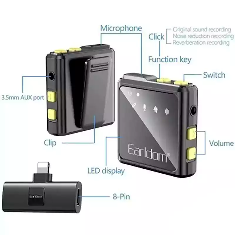 میکروفون یقه ای بی سیم دوتایی لایتنینگ Lightning ارلدام Earldom ET-MC9L