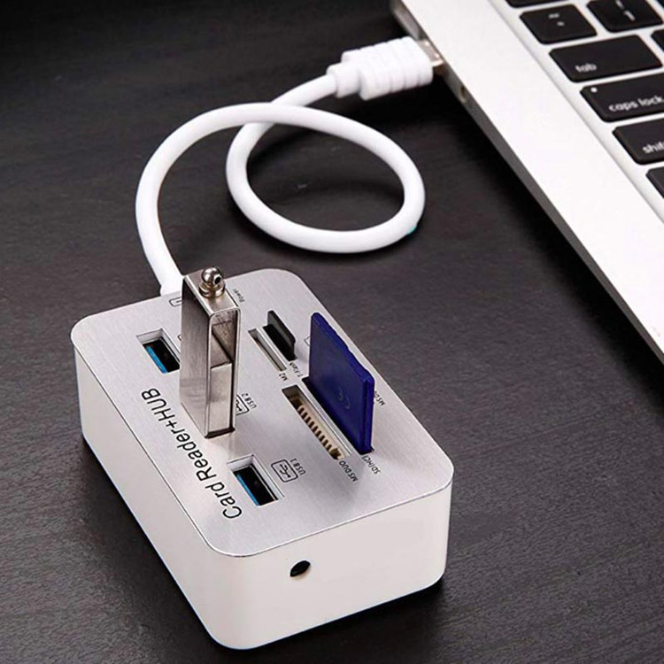 هاب 3 پورت USB3.0 + رم ریدر آداپتور خور پک سفید آبی