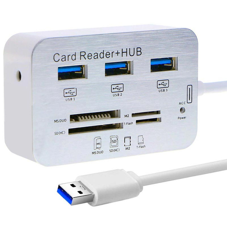 هاب 3 پورت USB3.0 + رم ریدر آداپتور خور پک سفید آبی