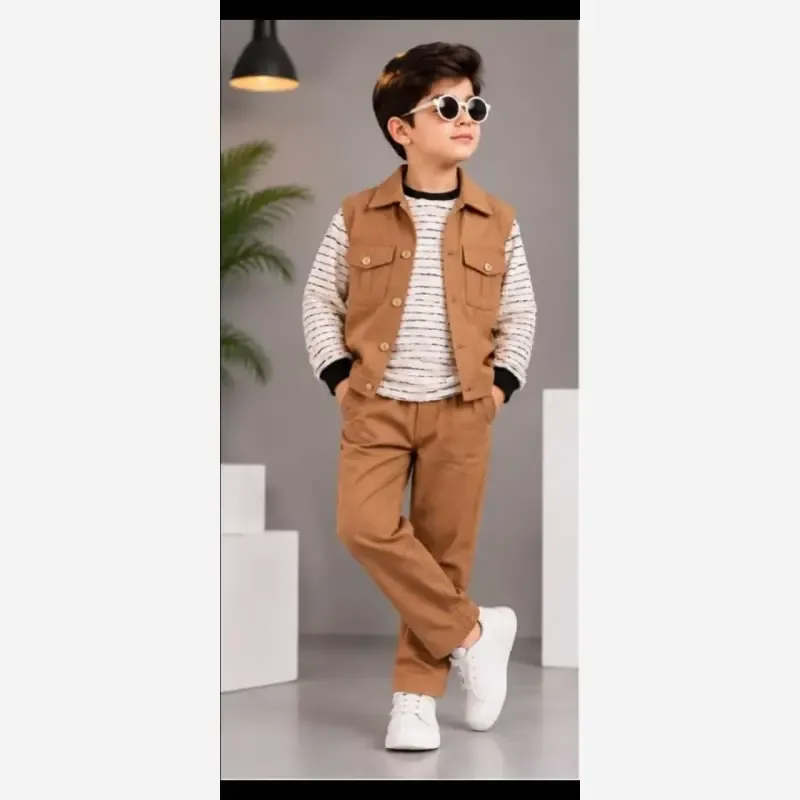 ست پسرانه سه تیکه مجلسی کت و شلوار کتان و بلوز مراکش مناسب 4 تا 12 سال