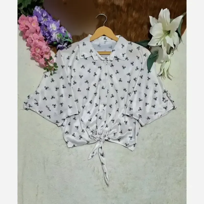 شومیز گره ای چاپی پاپیونی جنس پری صابونی شیشه ای فری سایز