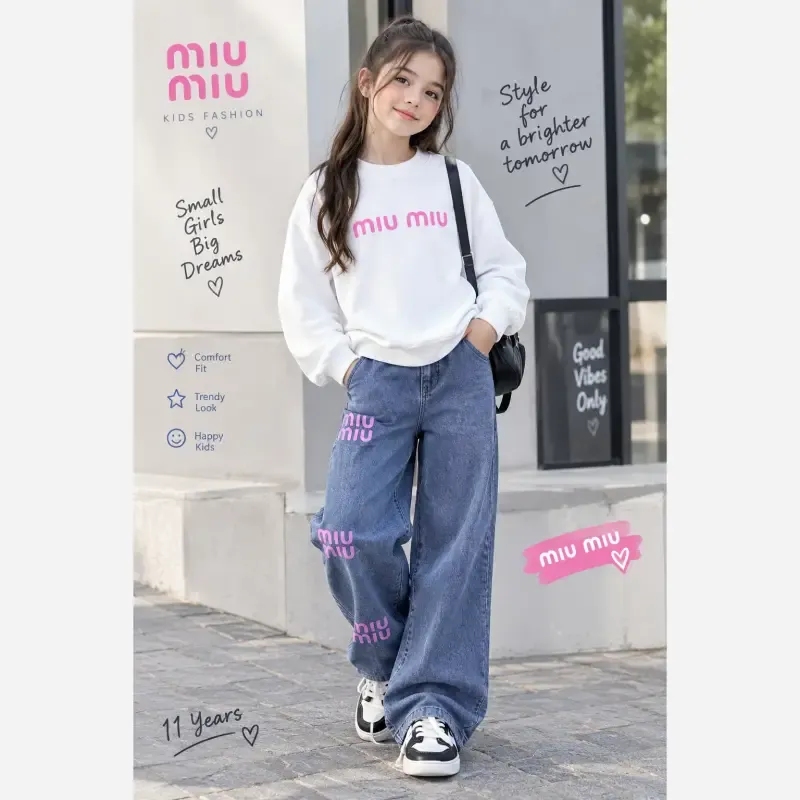 ست بلوز و شلوار لی دخترانه بچگانه طرح Miu Miu مدل پاییزه دورس لاکرا سایز 45 تا 70